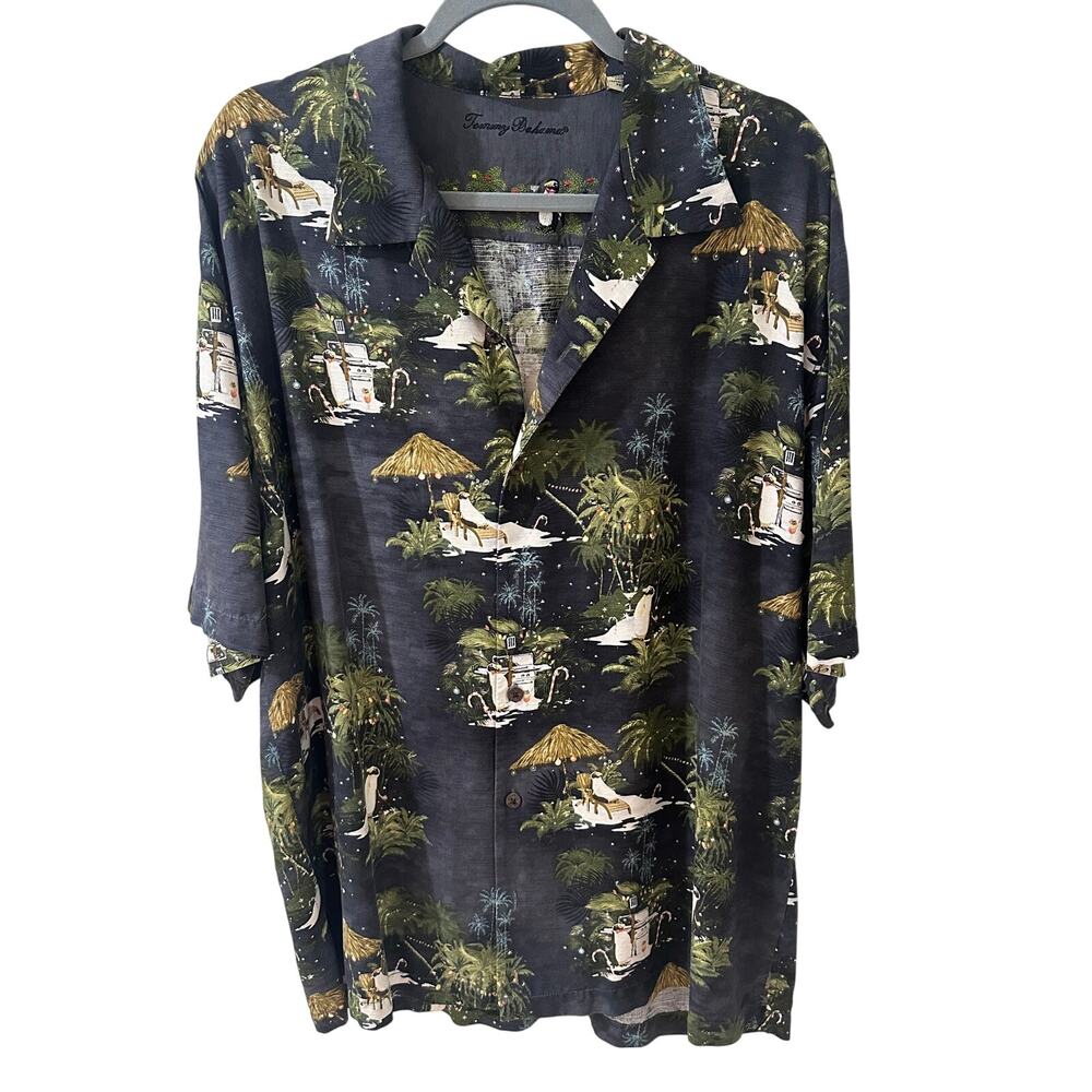 Tommy Bahama Christmas Hawaiian Shirt Penguins Palm Trees Silk Mens, XL